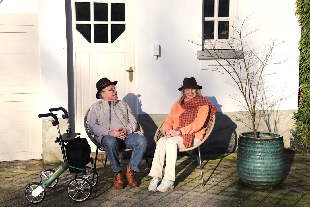 elderly friends chatting outdoors